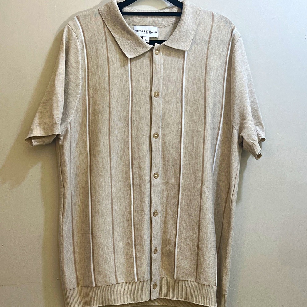 Thomas Sterling Men's Beige Striped Knit Short Sleeve Polo Shirt L Regular